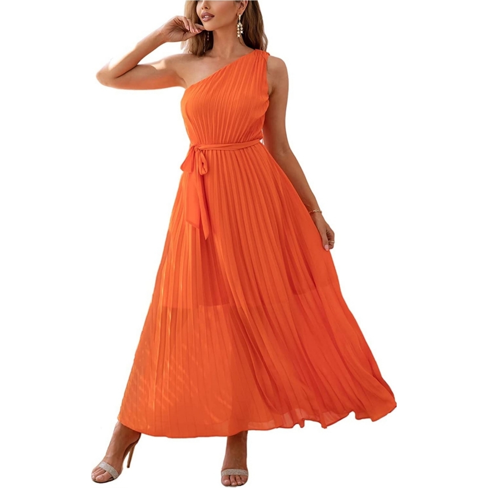 Women's Elegant One Shoulder Sleeveless Ruffle A-Line Pleated Casual Long Dress
